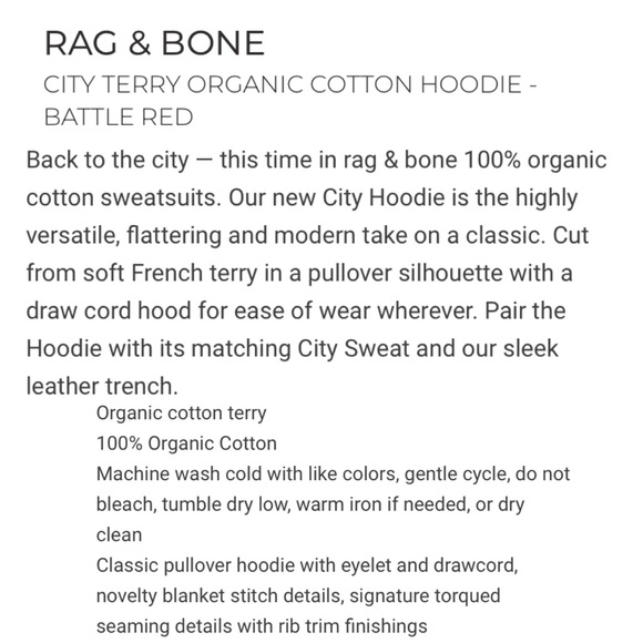 RAG & BONE Battle Red City Terry Organic Cotton Hoodie Sweatshirt Size S - Picture 14 of 15
